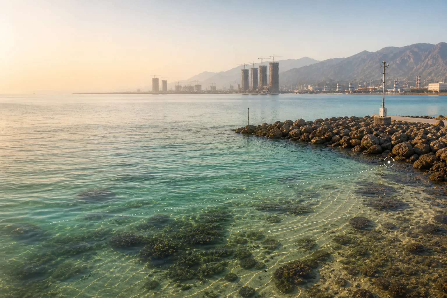 تصور مفاهيمي: دبي · ساحل جبل علي؛ ليس صورة مشروع منفذ