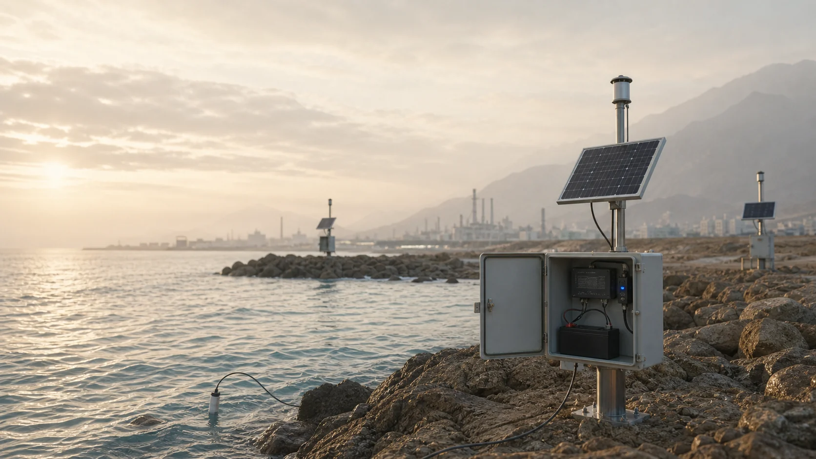 Conceptual illustration of three winter monitoring stations, solar supply and duty-cycle behaviour
